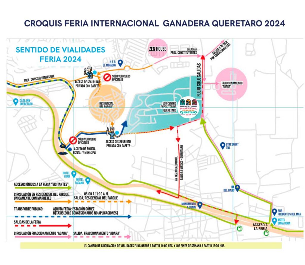 qrodigital-entrada-salida-autopista-artistas-qrobus-ameq-proteccion-civil-feria-internacional-ganadera-queretaro-2024-croquis-autoridad-organiza